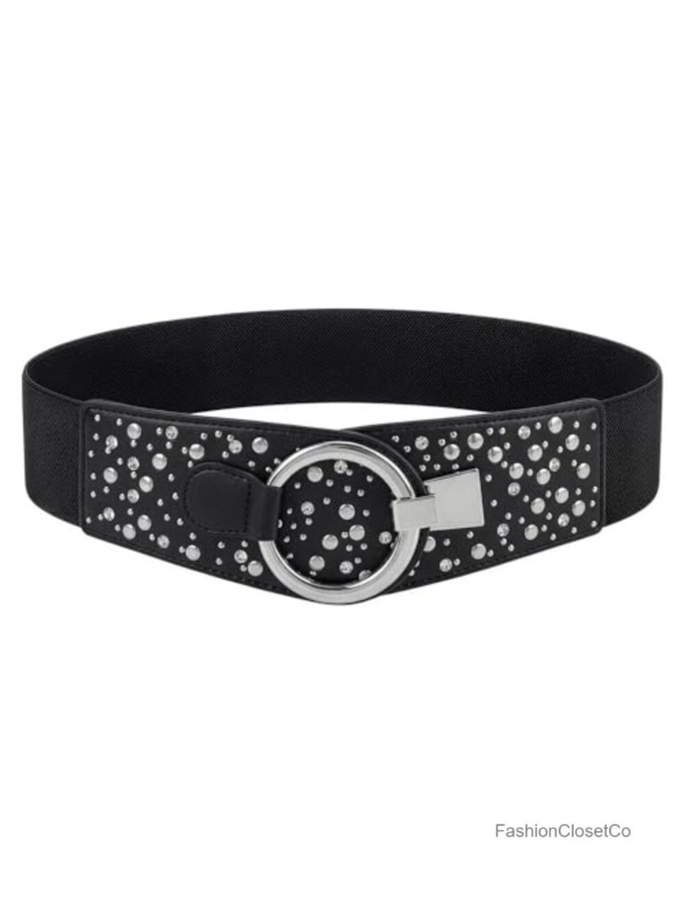 Faux Leather Studded Wide Belt with Ring Hook Closure, Elastic Back
